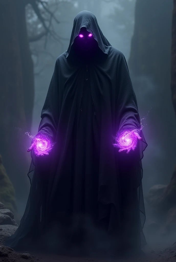 Imagine a tall, imposing figure, wrapped in a black cloak that floats as if made of shadows. Your face is obscured, but the eyes shine brightly with a mesmerizing purple light. A purple aura emanates from his body, radiating a mysterious and almost palpable power. your hands, partially visible, appear to hold spheres of pure energy, also purple, that dance and shine with frightening intensity. The bottom is a black abyss, without end, that seems to absorb all the light around, further highlighting the presence of this enigmatic being.