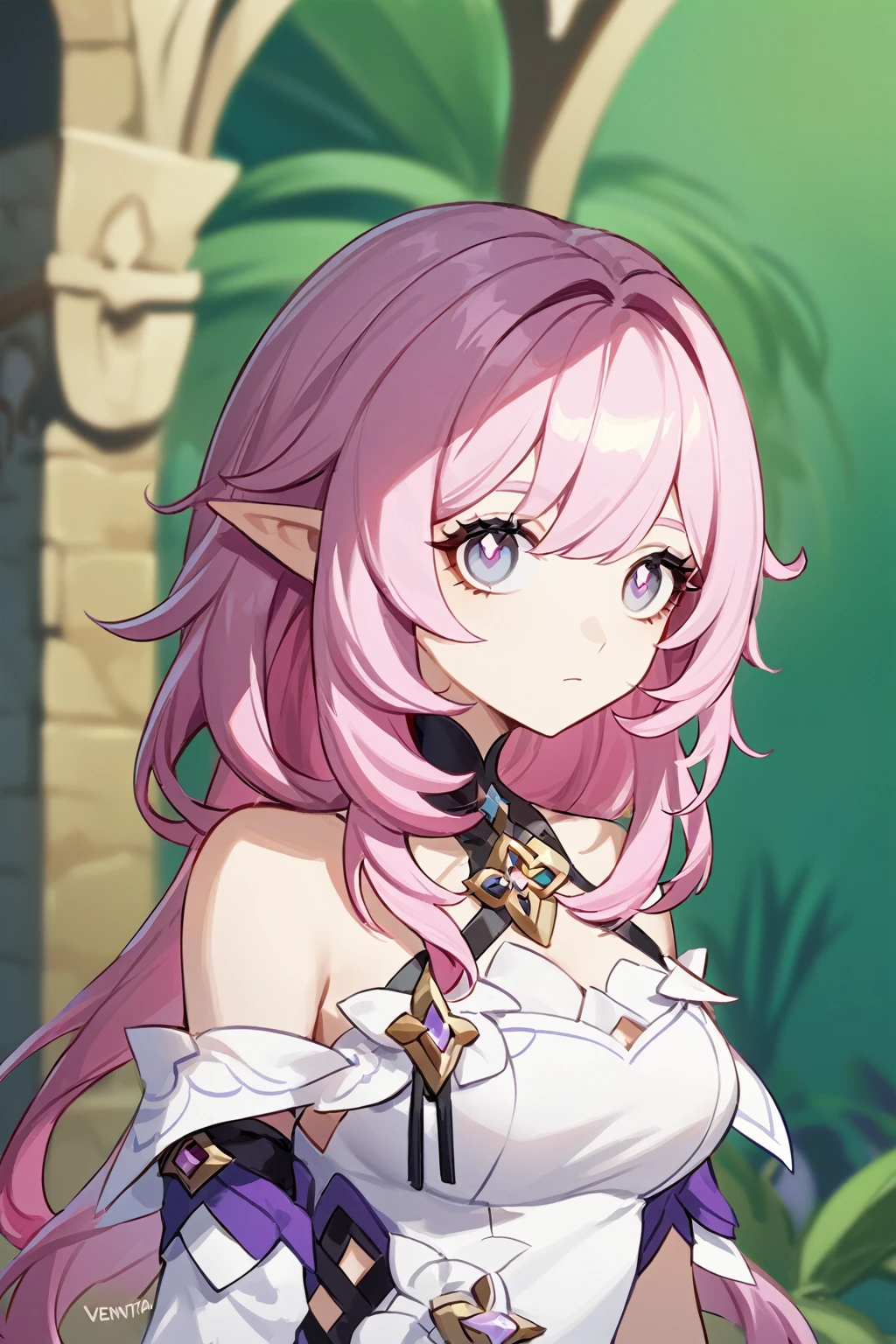 quadratic element,Honkai 3,Alicia,(((A pink-haired))),gray color eyes,A busty woman,best qualityer,The pointed ears are slightly shorter,dated,Long eyelashes,((dishiveredhair)),white off shoulder dress clothes,Palm up,Dull hair,anime artsyle,Genshin Impact,ventania,Affectionate look,upper body,medium hair,((she loos so dead)),((she loos so dead)),((she loos so dead)),