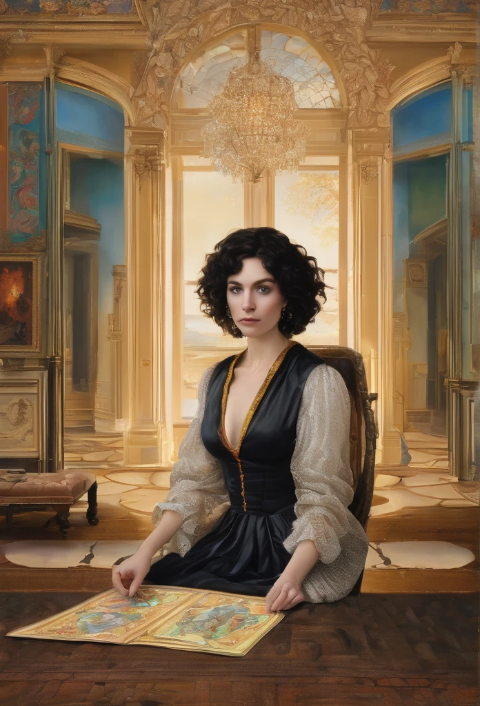 Marie Anne lenormand, white woman with black curly hair, sitting in front of a table reading the Lenormand oracle, in the background a neoclassical French-style living room ,Beautiful line art photo,Use gold strokes and rainbow paint,Golden Maiden,the golden ratio,Melted wax,Visible brush strokes,surrounded by crystal spheres,3D Mosaic Wireframe,neuroimaging,neurons,colours,california,intense emotion,oil on canvas,Thick strokes,insanely details,8k ultra high definition,tmasterpiece,art station
