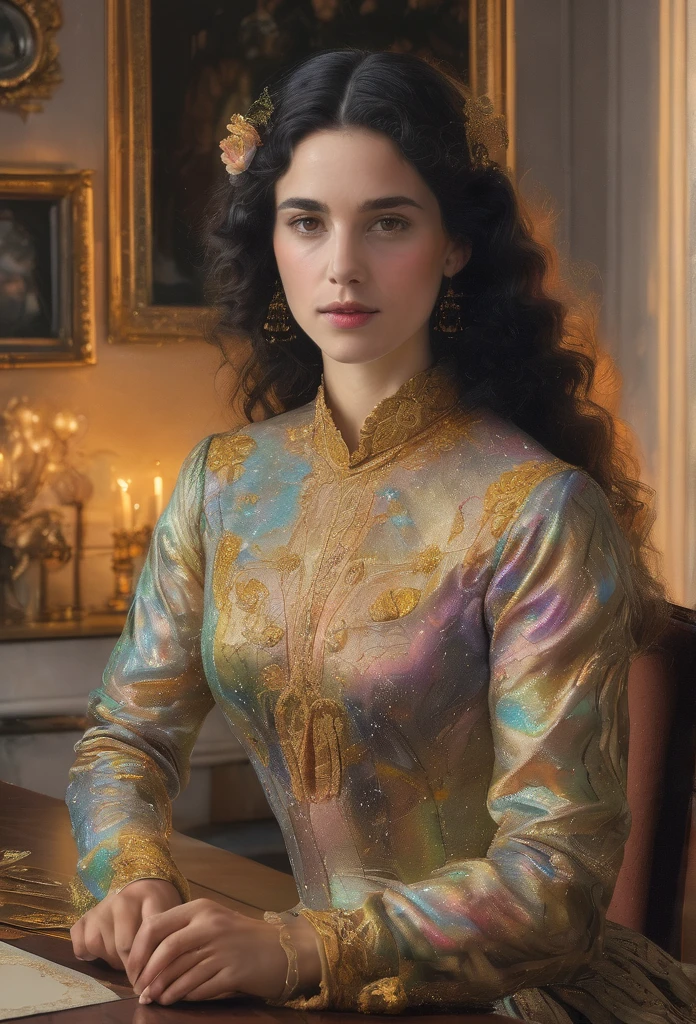 Marie Anne lenormand, white woman with black curly hair, sitting in front of a table reading the Lenormand oracle, in the background a neoclassical French-style living room ,Beautiful line art photo，Use gold strokes and rainbow paint，Golden Maiden，the golden ratio，Melted wax，Visible brush strokes，surrounded by crystal spheres，3D Mosaic Wireframe，neuroimaging，neurons，colours，california，intense emotion，oil on canvas，Thick strokes，insanely details，8k ultra high definition，tmasterpiece，art station