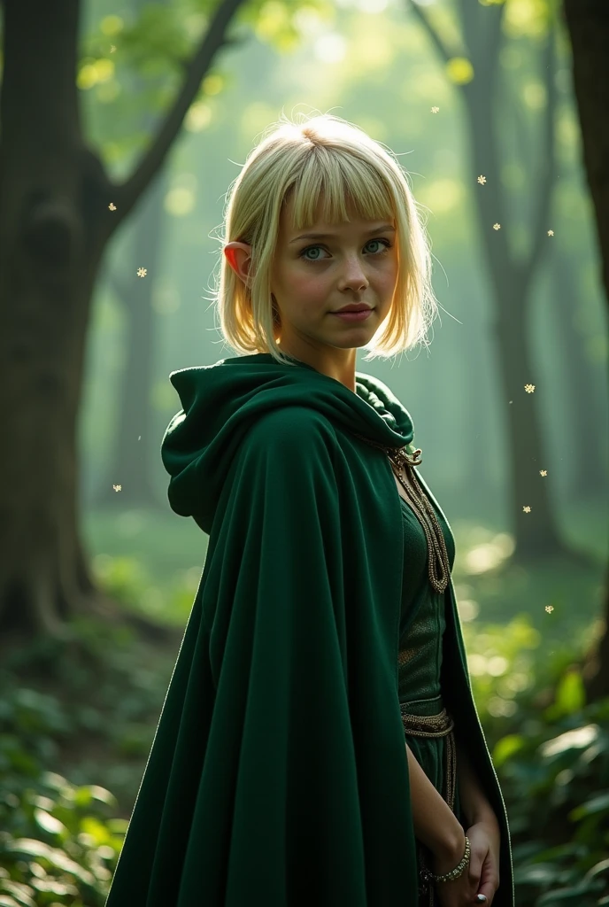 short-haired blonde elf with bangs and blue eyes, dark green cloak
