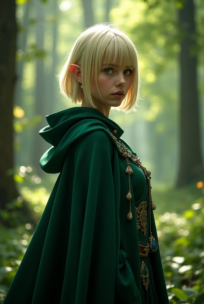 short-haired blonde elf with bangs and blue eyes, dark green cloak