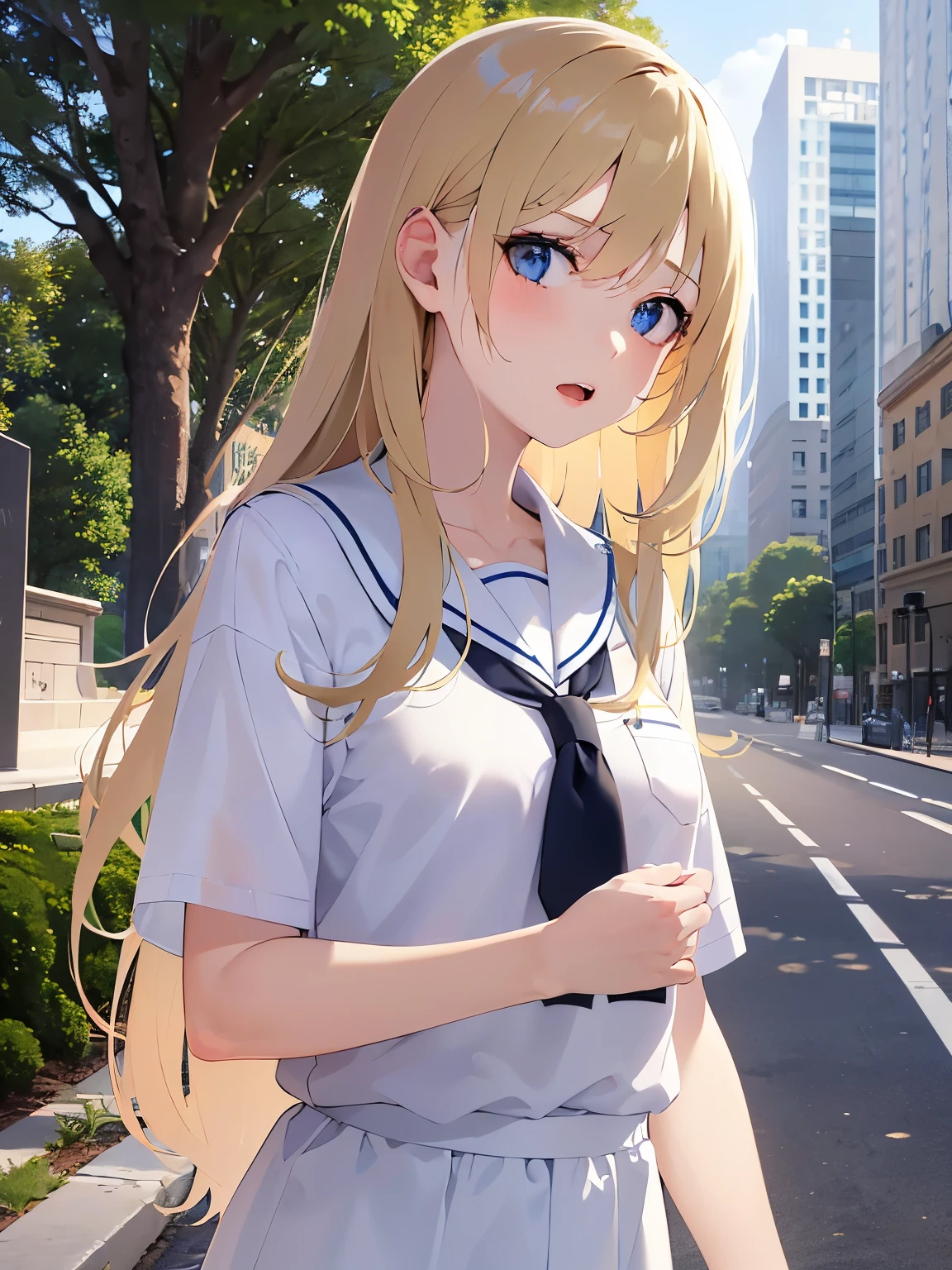 Upper Body, Realistic, real person, (pale skin: 1.2), RAW photo, photorealistic, shiny skin, shiny hair、 (A 15-year-old female with medium length hair and bangs) and (wavy hair) and (Blonde Hair) and (green eyes), BREAK sailor suit, white collar, white shirts,red ribbon BREAK、angry, open mouth, The background is a park、alone
