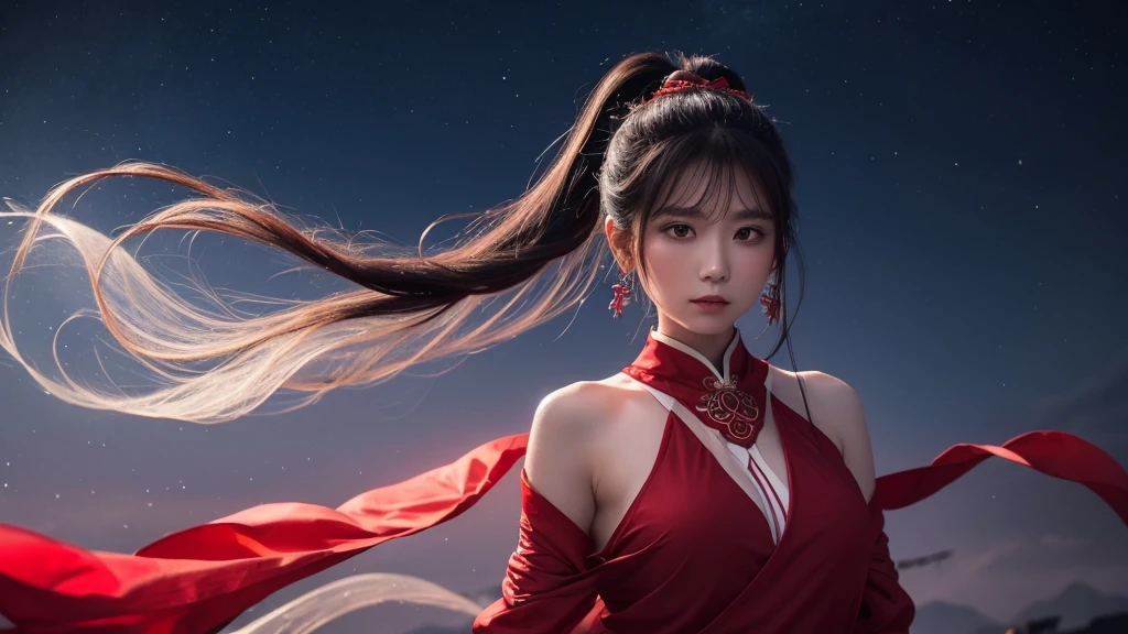 A delicate and lovely ancient goddess with rous black ponytail hair. She wears a white and red miko wear. The background is a fantastic and ethereal night sky, as if possessed by a specter. Her expression is stern and atmospheric.