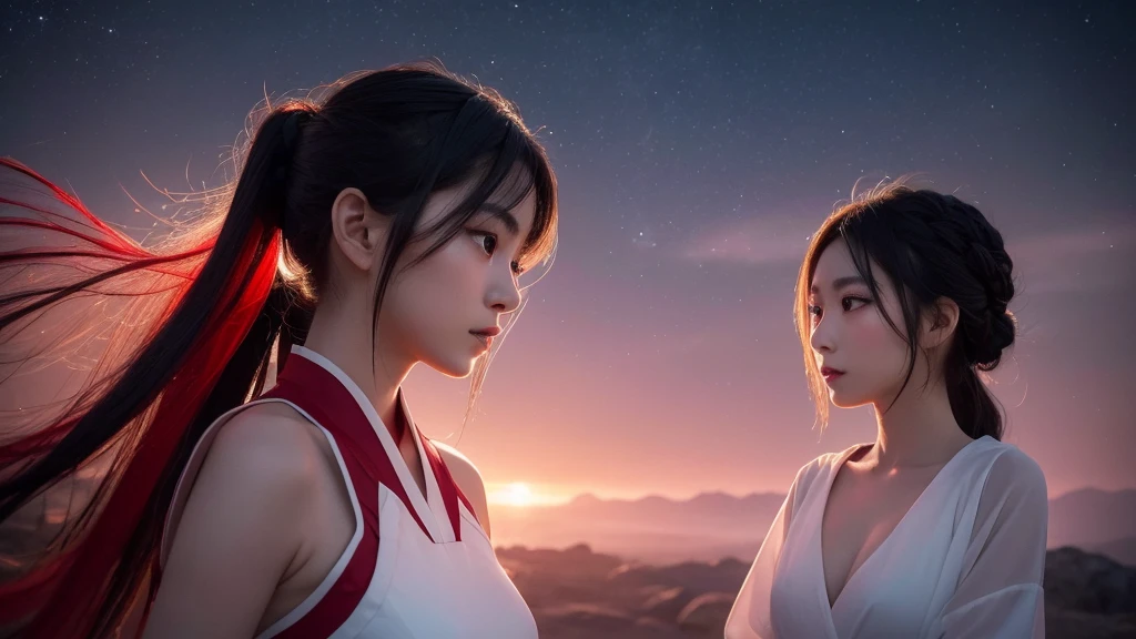 A delicate and lovely ancient goddess with lustrous black ponytail hair. She wears a white and red miko wear. The background is a fantastic and ethereal night sky, as if possessed by a specter. Her expression is stern and atmospheric.