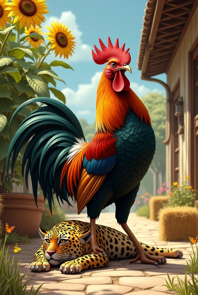 A French rooster holding a dead jaguar by the foot