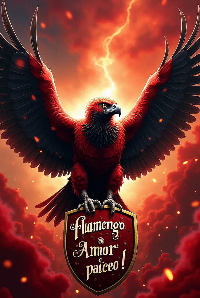 Flag of the Flamengo football club with red and black stripes and with exuberant lights, with an image of a fierce vulture holding the traditional shield of the Flamengo team in its beak and shouting the phrase in Portuguese "Flamengo is a race, Love and passion!!". drawing with realistic strokes