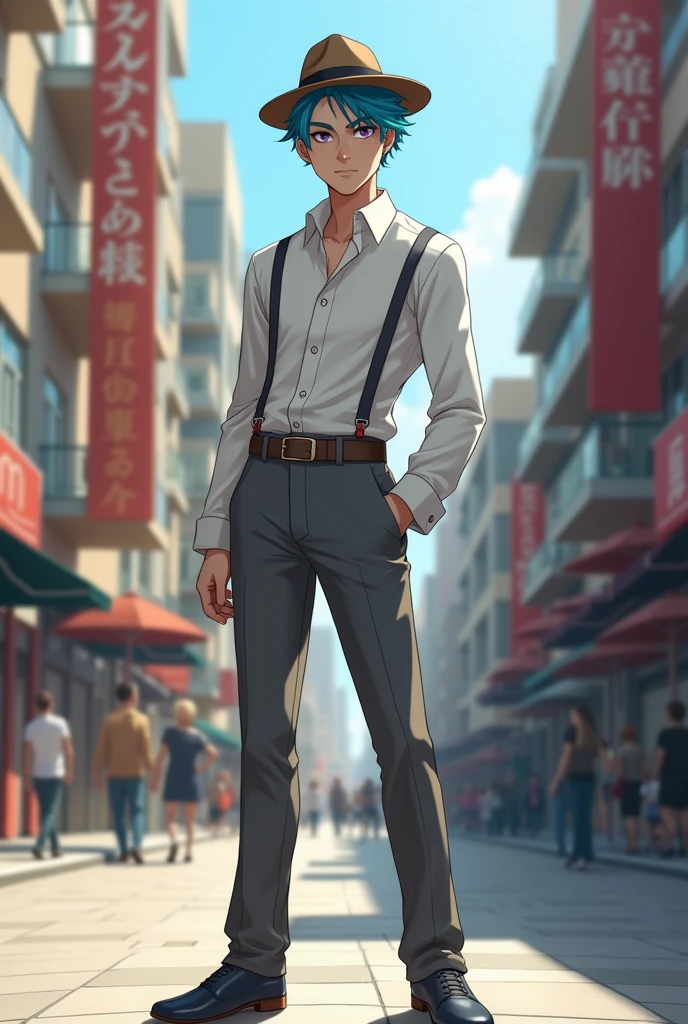 generate a men 29 years old white skin purple eyes hat above all white shirt gray pants gray shoe cian hair hat