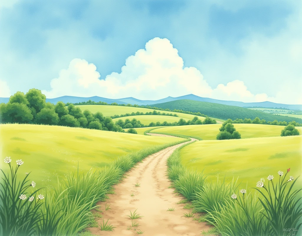 Landscape Painting,Vast meadows,A dirt road,Hayao Miyazaki style,Sparse details,Watercolor painting style,medieval era