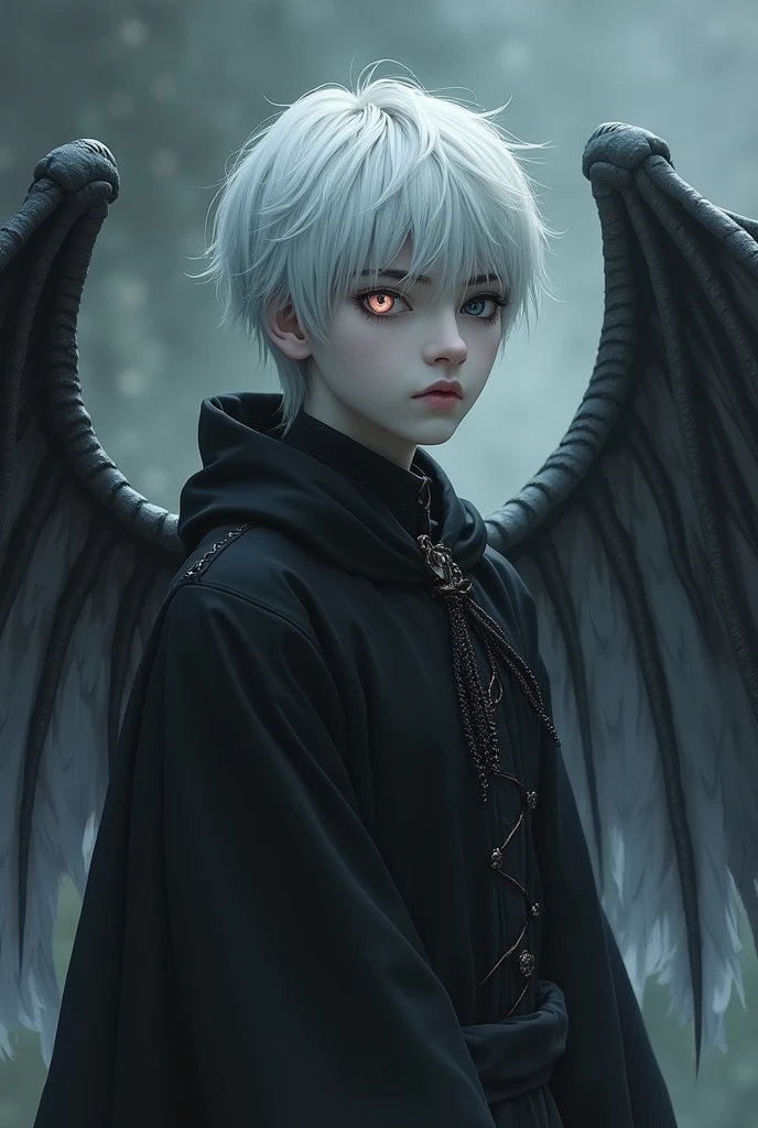 A young adult Japanese aasimar with short white hair, an anime male with one white eye and the other black with no pupils. He wears a black medieval-style hood, but it is not on his head. He has gray skin with skeletal wings and is looking somber from a front profile.