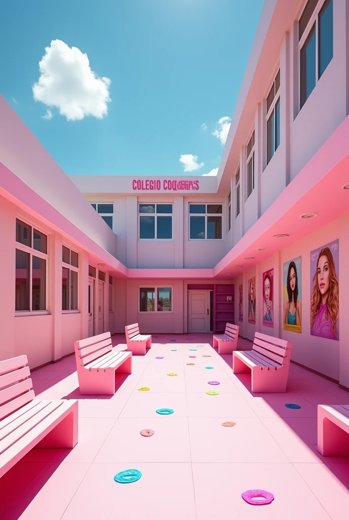 (photorealism:1.2) An empty pink girls' school inside yard, pink and white modern school building with pink benches, clean in good shape, the sign "Colegio Coquetas" and the stickers of many kisses 💋 on the walls and floor, posters of beautiful teen girls models in pink sexy bikinis in sexy pose hanging from the walls, not childish drawings on the walls, realistic, intricate details