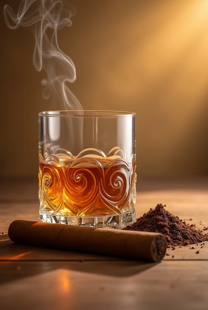 glass of wiskeywith many details with brown tabaco horizontal with smoke in a beige background in the air