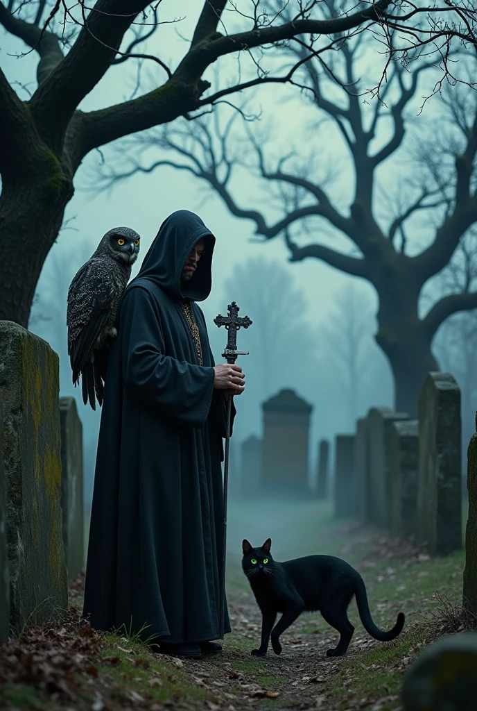 An old cemetery with dry trees with a large, macabre owl next to it, a macabre monk with a crucifix and a large, macabre black cat.