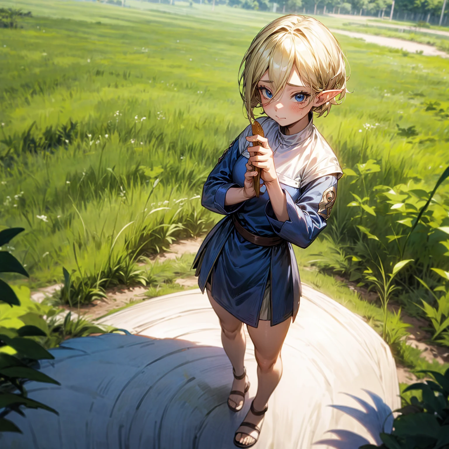 Solo character, full body version, kid girl, (elf), blue eyes, blonde color hair, short haircut, blue dress, short dress, sandals, outdoor, field, medieval, standing gesture, detailed background, detailed clothing, detailed hair, (food wars style art, Doraemon style art), sad eyes, smile mouth 