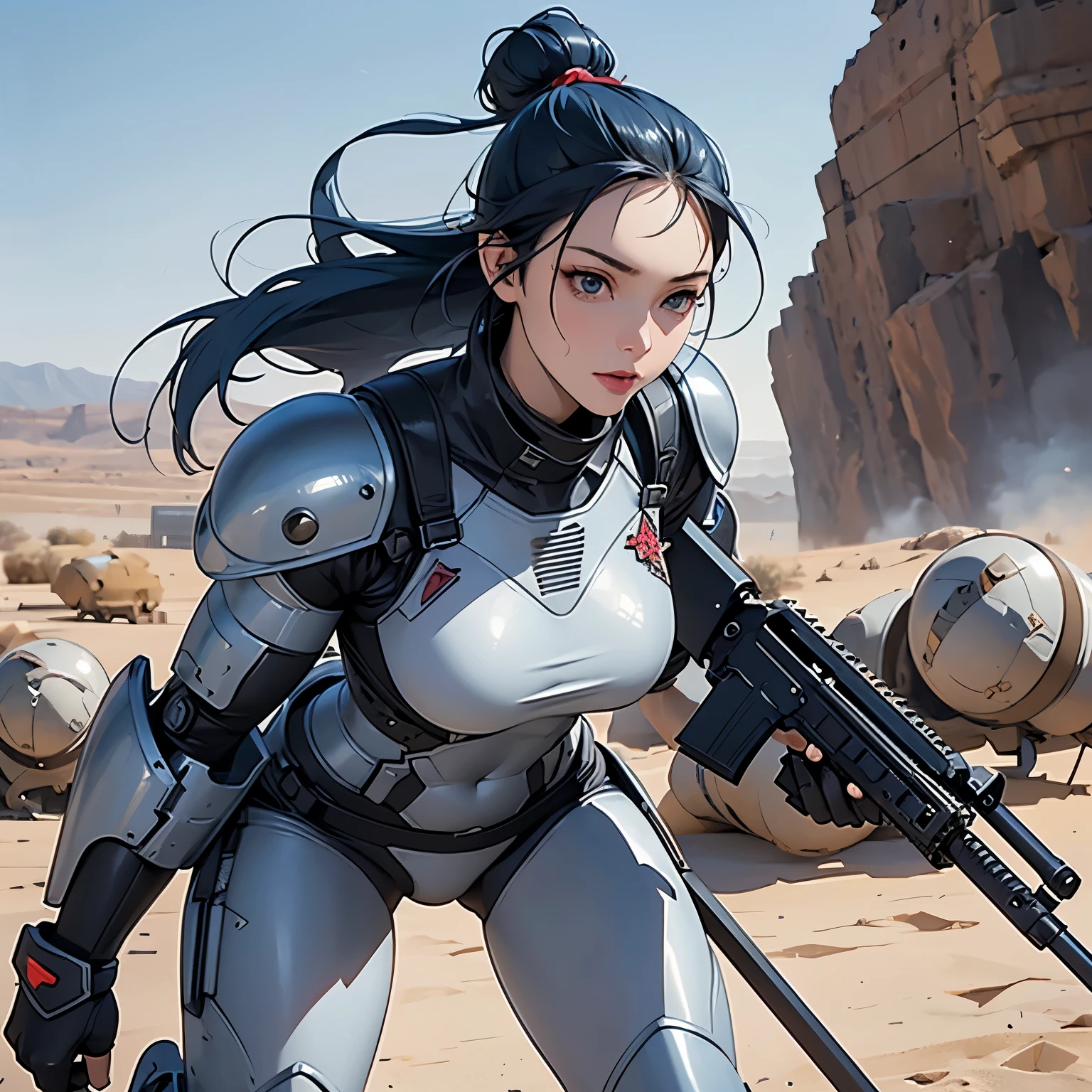 nsfw, anime screencap, 16K, perfect anatomy proportion body, action, A dynamic composition with a sense of speed and movement, (Hold an assault rifle:1.6), a wife, 40age, perfect beautiful delicate sexy face, perfect beautiful delicate drooping eyes, blue hair, hair bun, large breasts, abs, Precision Steel Heavy Armor Robotic Steam Engine Full Armor Powered Suit, Many chainmail-clad, heavily armored robot soldiers engaged in a firefight in the background., Flying bullets, Desert Battlefield, war, Post-apocalyptic,