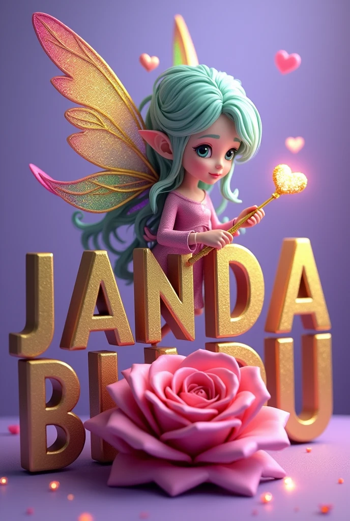 A peculiar fairy named Nora, who has light green hair and colorful wings. She sits gracefully atop the intricately designed 3D letters 'JANDA BARU' in gold and purple.. Surrounding her are floating hearts, and she holds a delicate golden wand. The background is a soft purple., and there's a beautiful rose at her feet. The entire scene is illuminated by tiny glowing orbs, adds a touch of magic.