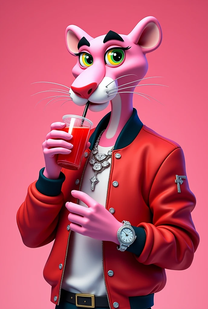 The pink Panther cartoon character Bomber jacket with some cool, VVS diamond necklace around its neck, a Patek wrist watch, and diamond ear rings sipping on juice from a red cup with straw looking high like he’s been smoking weed.Art should be in 2D animation.standing side at looking into the camera.Just a pink background