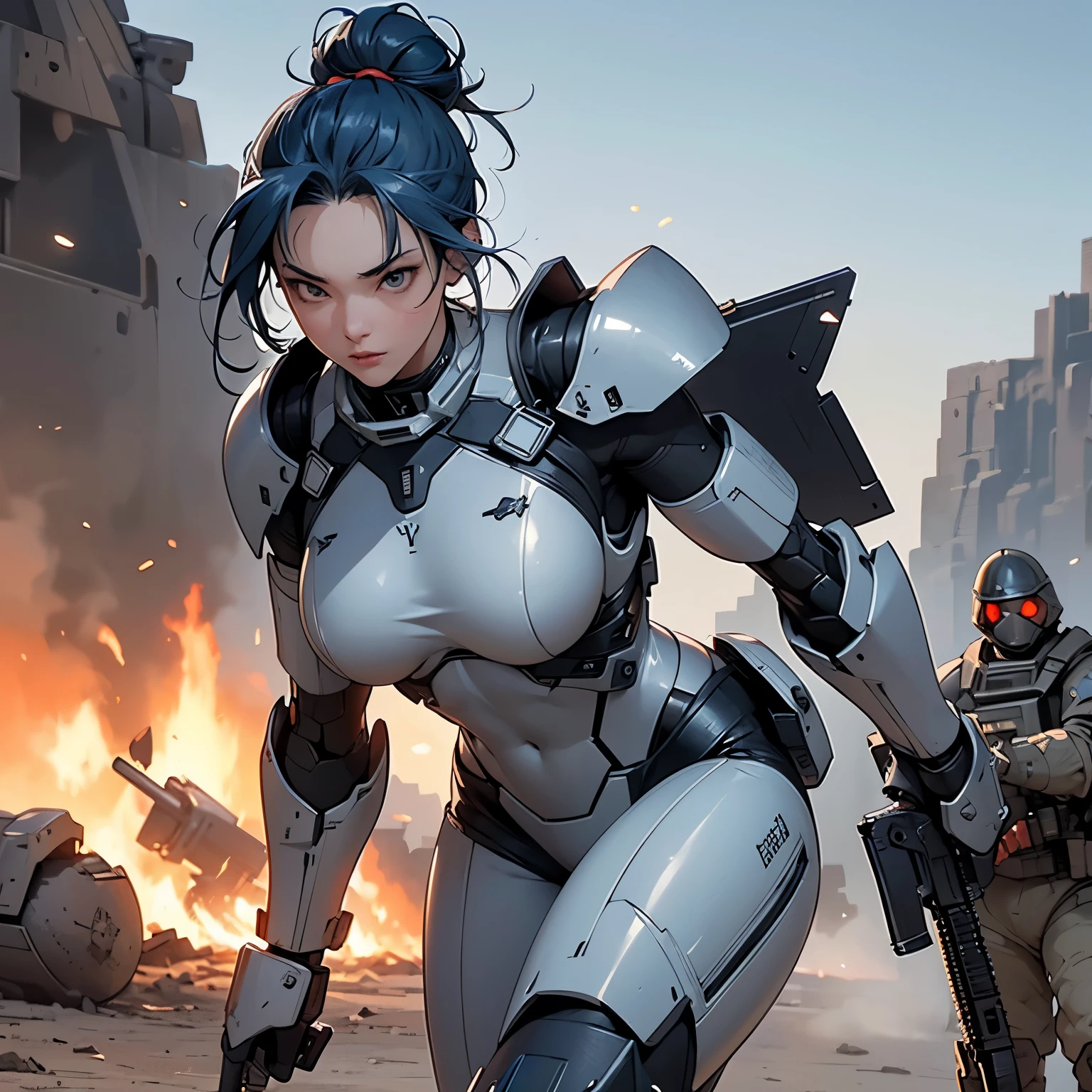 nsfw, anime screencap, 16K, perfect anatomy proportion body, action, A dynamic composition with a sense of speed and movement, (Hold an assault rifle:1.6), a wife, 40age, perfect beautiful delicate sexy face, perfect beautiful delicate drooping eyes, blue hair, hair bun, large breasts, abs, Precision Steel Heavy Armor Robotic Steam Engine Full Armor Powered Suit, Many chainmail-clad, heavily armored robot soldiers engaged in a firefight in the background., Flying bullets, Desert Battlefield, war, Post-apocalyptic,