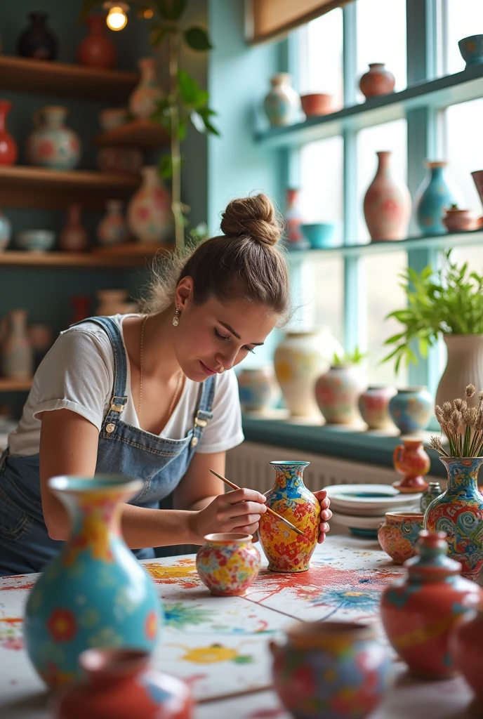An image representing the art of painting ceramics , that they have brushes watercolors or paints
