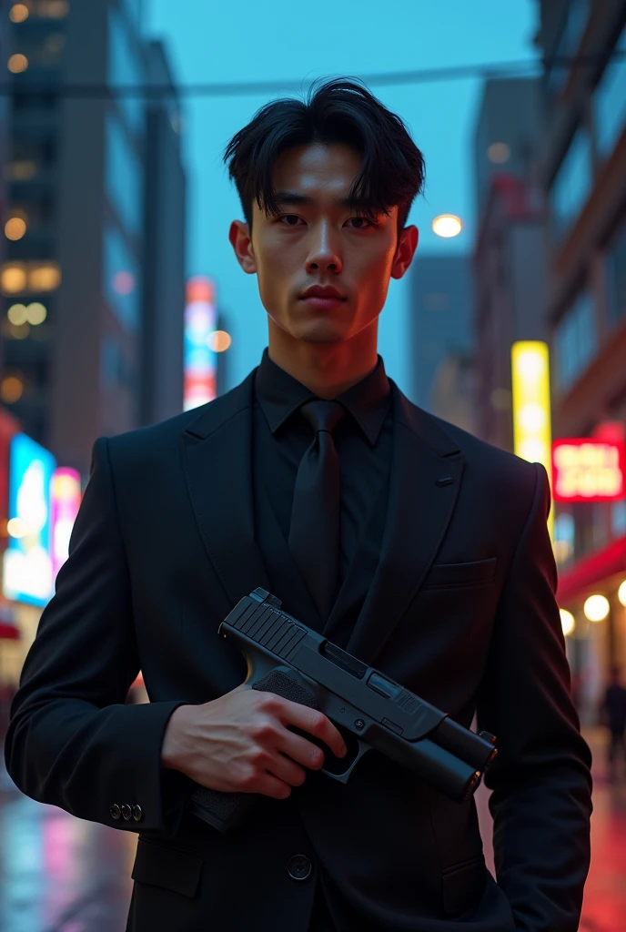 A very handsome young man with a gangster look, with black Korean-style hair but cute, with a muscular body in a black suit, and a gun where his chest is very prominent and he looks about 25 years old.