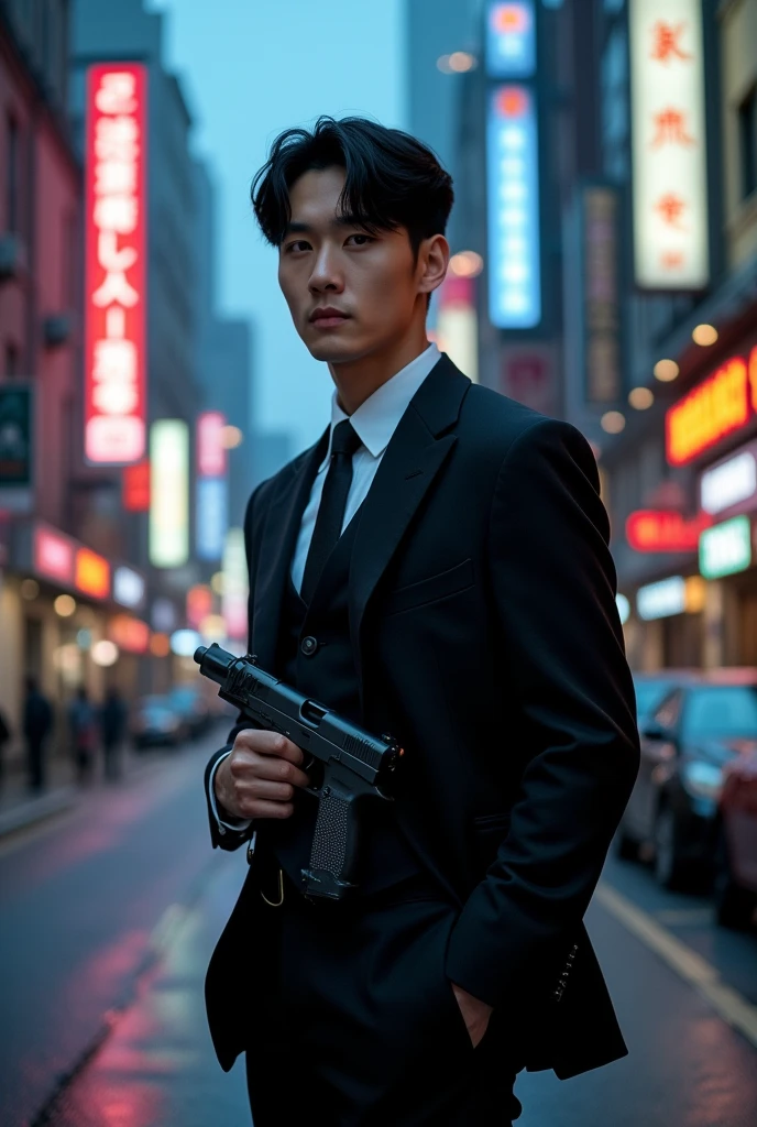 A very handsome young man with a gangster look, with black Korean-style hair but cute, with a muscular body in a black suit, and a gun where his chest is very prominent and he looks about 25 years old.