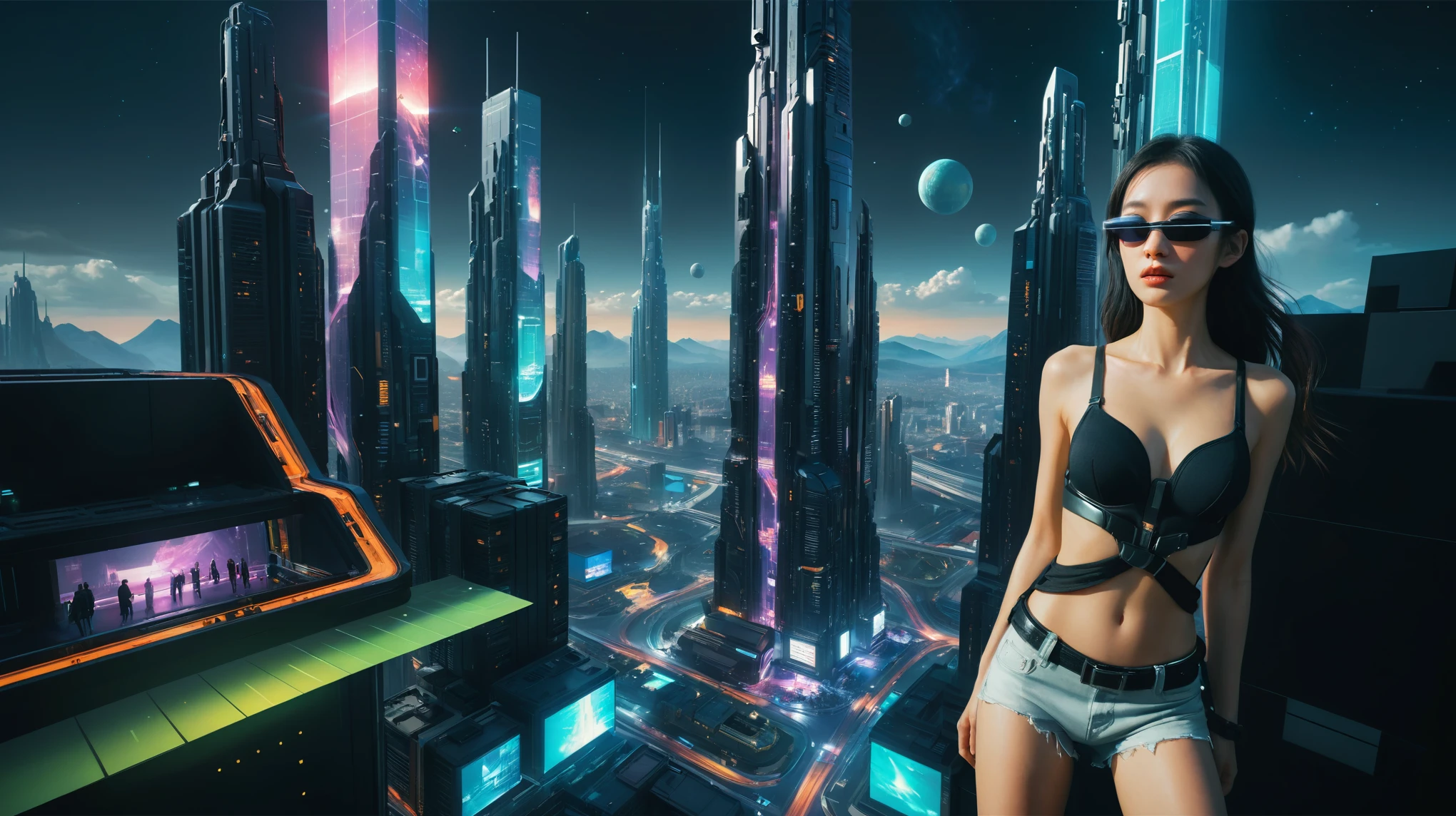 Brightly colored abstract aerial view image of a futuristic city, futuristic flying cars, epic beautiful space sci-fi, chaotic cinematic space rift, Greg Beeple, planets colliding, Beeple and Tim Hildebrandt, Beeple and Jean Giraud, end of the universe, galaxy space sci-fi, ringworld, by Mike "Beeple" Winkelmann. Matrix style, Matrix cascading code, a futuristic twin tower skyscraper with a unique twisted design, (OLED GUI interfaces in the building), at night, (1girl, solo), photo realistic, large-breast:1.2 body, cleavage, off broken mini sling-shirt and black sling bra, miniskirt, (matrix style black micro sunglasses), (holding a short gun), very low view, half-body thigh level medium shot, cinematic lighting, ray tracing.