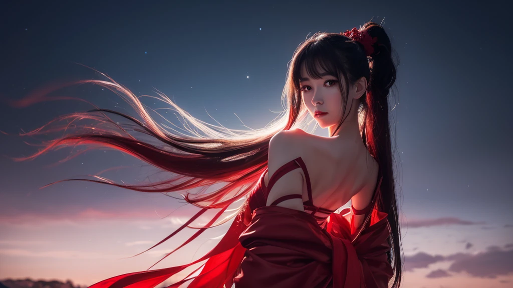 A delicate and lovely ancient goddess with lustrous black ponytail hair. She wears a white and red miko wear. The background is a fantastic and ethereal night sky, as if possessed by a specter. Her expression is stern and atmospheric.