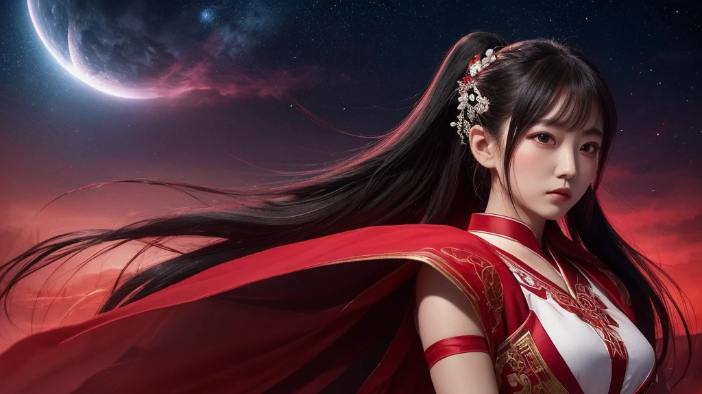 A delicate and lovely ancient goddess with lustrous black ponytail hair. She wears a white and red miko wear. The background is a fantastic and ethereal night sky, as if possessed by a specter. Her expression is stern and atmospheric.
