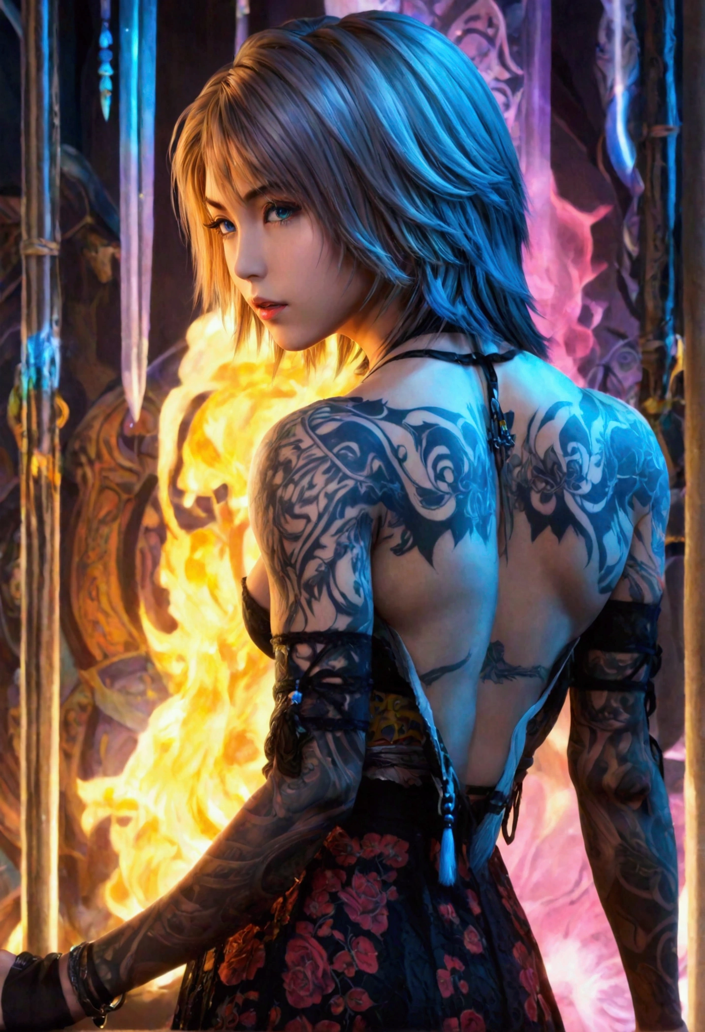 Create a hyper detailed photograph of a tattooed muscular young sexy yuna deathknight, Stunningly perfect gorgeous face, perfect makeup, detailed vibrant eyes, long hair, big beautiful muscular legs, big beautiful muscular arms, perfect body, muscular abs, detailed smooth skin, big breast, large hart shaped ass, black strappy lace sundress,