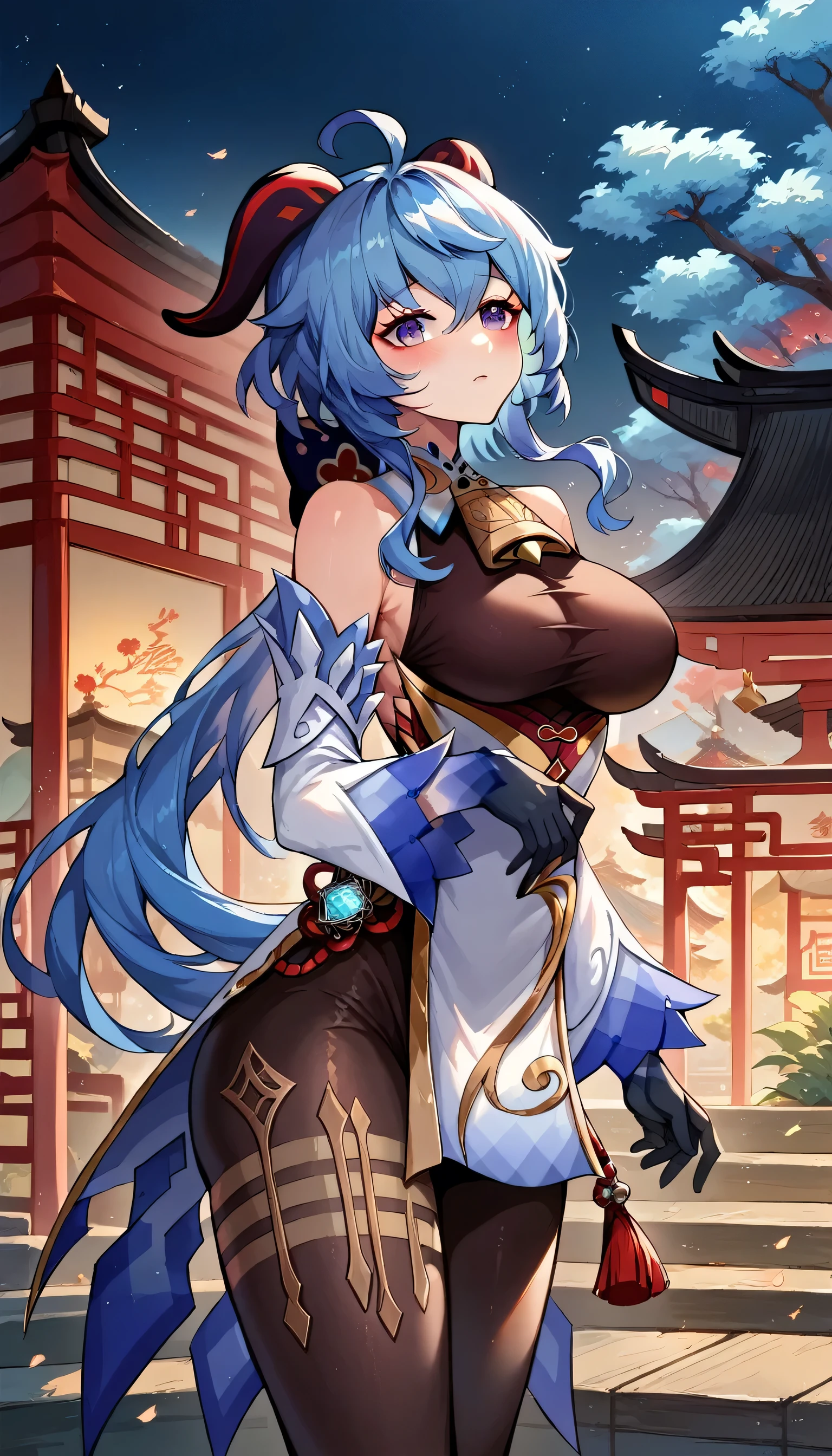 ganyu\(genshin impact\), 1girl, ahoge, architecture, bangs, bare shoulders, bell, black gloves, black tights, ((blue hair), blush,big breasts, chinese knot, sleeve, East Asian architecture, flower knot, glove, horn, long hair, looking at the audience, medium chest, neckbell, night, outdoor, pantyhose, purple eyes, sideburns, solo, tassels, white sleeves, ((masterpiece))