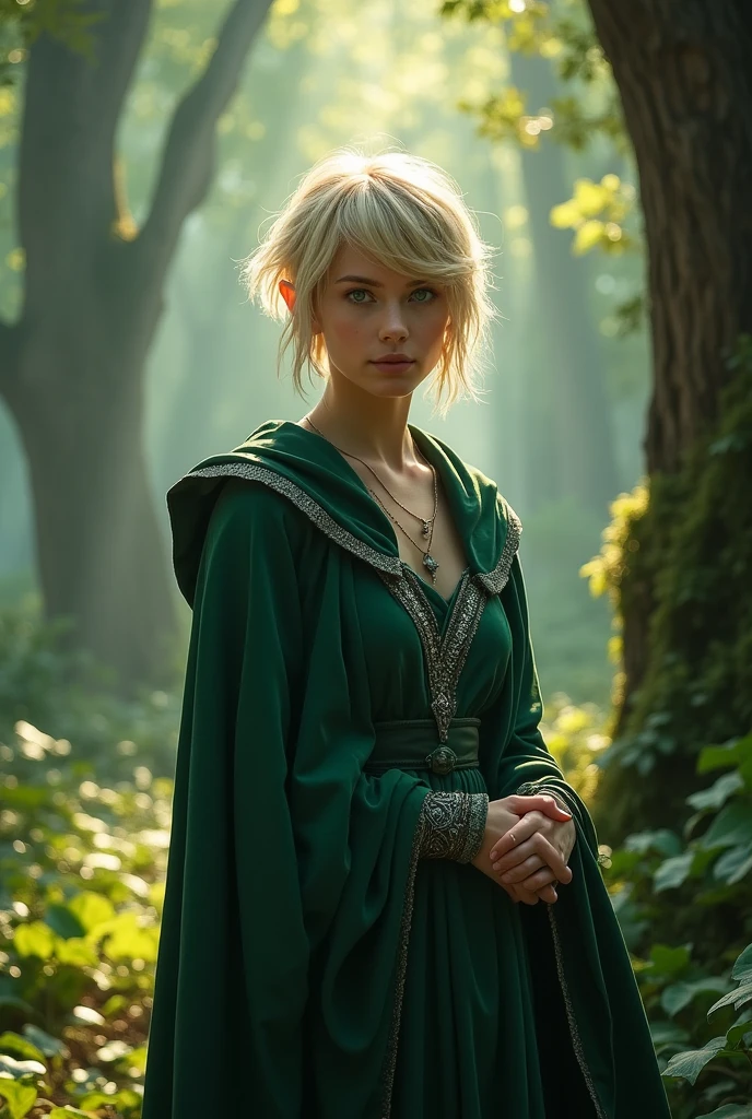 blond elf with short hair and blue eyes, dark green cloak