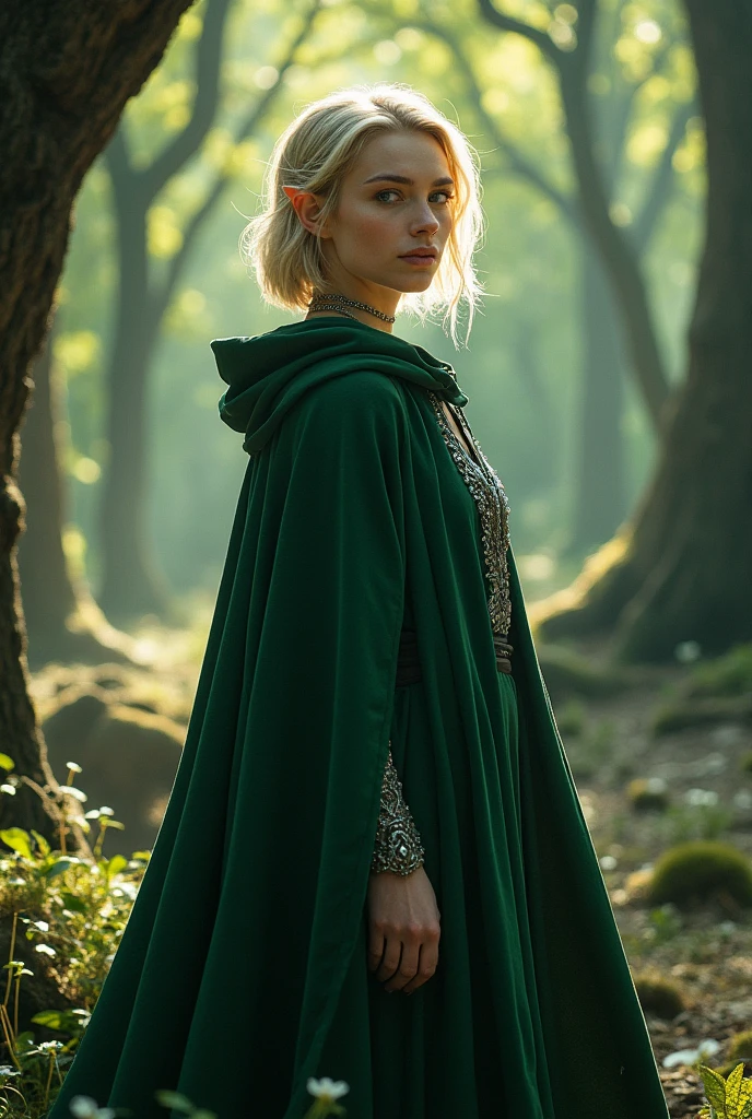 blond elf with short hair and blue eyes, dark green cloak