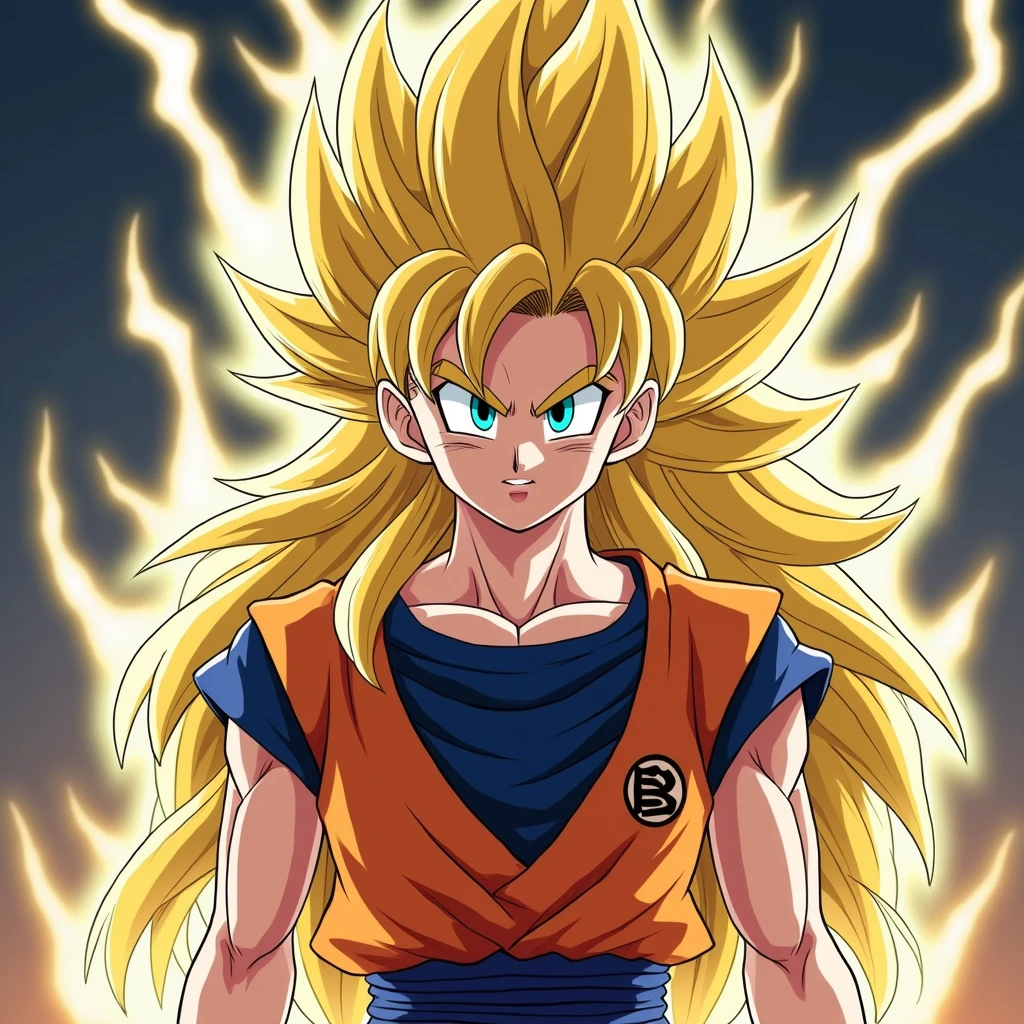 Goku in his youth、Transforming into Super Saiyan 3、Her hair is long and reaches her feet.、The expression is calm、His eyes are full of anger.、In a state of getting pumped up before a fight、Lots of lightning in the background