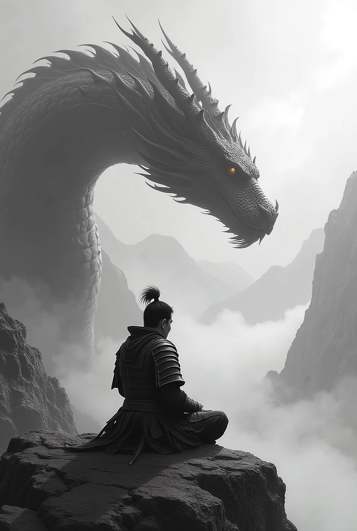 Samurai meditating while a dragon watches him in black and white 