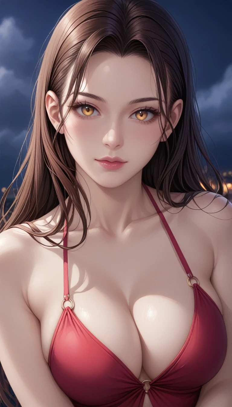 score_9, score_8_superior, score_7_superior, High-resolution CG illustration,A masterpiece in 32K resolution,Highest quality,it is really amazing,Very detailed,Ultra-high resolution,Ultra-realistic,Realistic,Increased depth of field,Cinematic lighting,
Sexy mature Japan woman,
Straight long hair with brown hair,Showing his forehead,god々Beautiful,Ultra-detailed and beautiful face,Calm and gentle look,Beautiful dark brown moist eyes,Glowing, moisturized skin,Translucent white skin,born々New skin texture,Great proportions,
Elegant red swimsuit,
Simple design,Chic color scheme based on red,詳細なborn地の質感,
(Dark and blurry background:1.1),Dark overcast sky on a dull night,Dark clouds filling the sky,Thundercloud,Coastline at night,Stormy seas,delay々A desolate sandy beach that continues,
(Beautiful cleavage:1.1),(High angle:1.1),