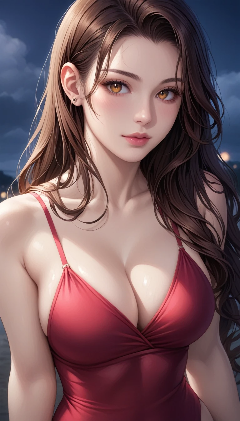 score_9, score_8_superior, score_7_superior, High-resolution CG illustration,A masterpiece in 32K resolution,Highest quality,it is really amazing,Very detailed,Ultra-high resolution,Ultra-realistic,Realistic,Increased depth of field,Cinematic lighting,
Sexy mature Japan woman,
Straight long hair with brown hair,Showing his forehead,god々Beautiful,Ultra-detailed and beautiful face,Calm and gentle look,Beautiful dark brown moist eyes,Glowing, moisturized skin,Translucent white skin,born々New skin texture,Great proportions,
Elegant red swimsuit,
Simple design,Chic color scheme based on red,詳細なborn地の質感,
(Dark and blurry background:1.1),Dark overcast sky on a dull night,Dark clouds filling the sky,Thundercloud,Coastline at night,Stormy seas,delay々A desolate sandy beach that continues,
(Beautiful cleavage:1.1),(High angle:1.1),