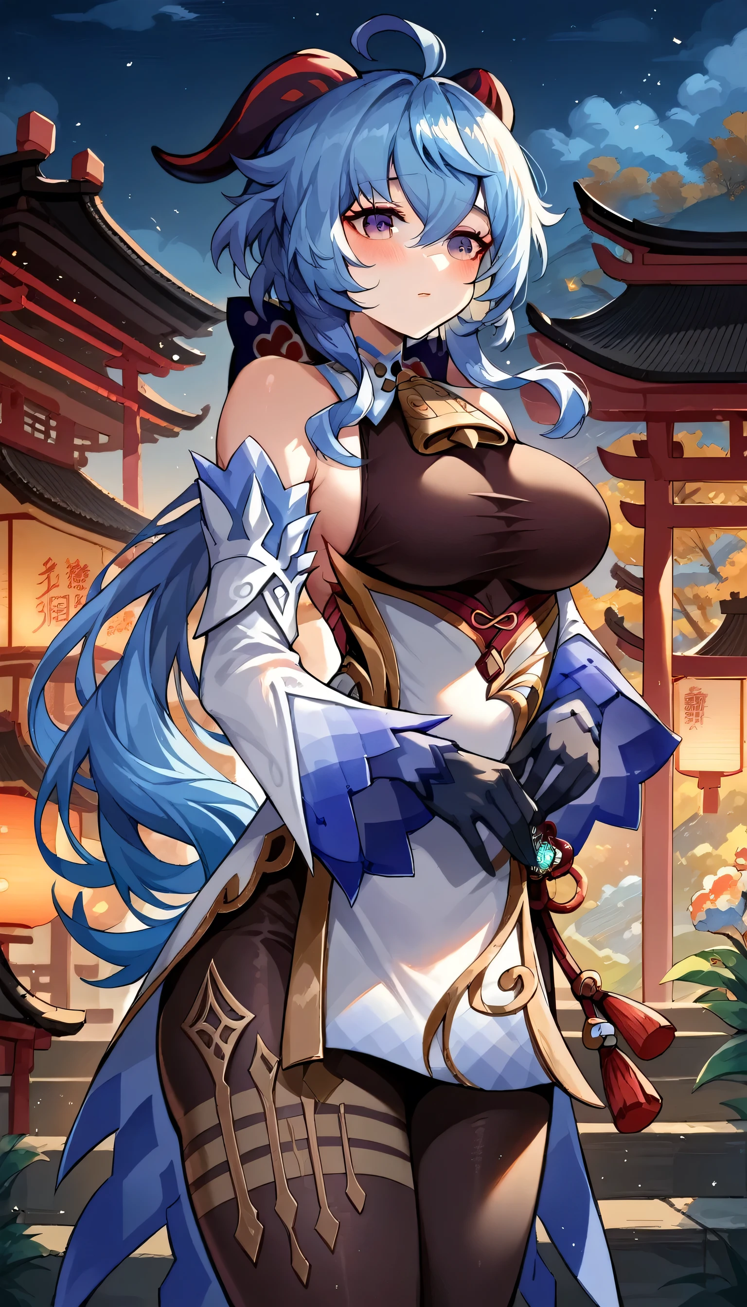 ganyu\(genshin impact\), 1girl, ahoge, architecture, bangs, bare shoulders, bell, black gloves, black tights, ((blue hair), blush,big breasts, chinese knot, sleeve, East Asian architecture, flower knot, glove, horn, long hair, looking at the audience, medium chest, neckbell, night, outdoor, pantyhose, purple eyes, sideburns, solo, tassels, white sleeves, ((masterpiece))