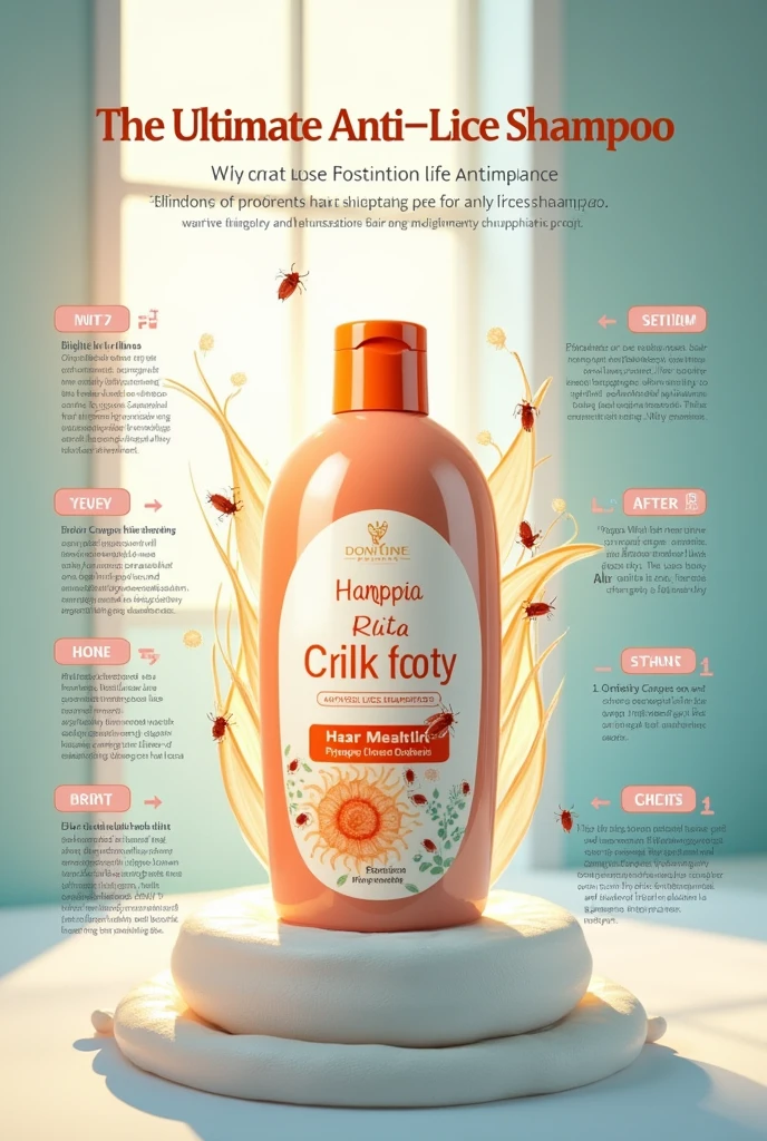 According to the following information, create an infographic-type sales image, The information is as follows : Discover the ultimate anti-lice shampoo that effectively combats these undesirable visitors without compromising the health of your hair or scalp.. Our advanced formula eliminates lice and nits with precision, guaranteeing visible results in a single application. Unlike other products, Our shampoo is specially designed to nourish and soften hair., avoiding damage and keeping your hair shiny and healthy. besides, We offer an economical solution that provides excellent value without sacrificing quality.. Eliminate lice effectively and at an affordable cost with our shampoo!