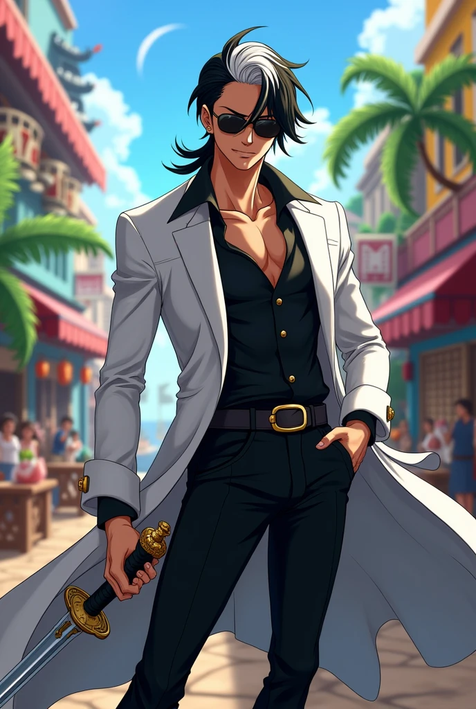 Create a male swordsman character with black hair and a white streak in the style of the One Piece anime. The character should wear black glasses, a white overcoat, a long-sleeved black shirt, and black pants. 