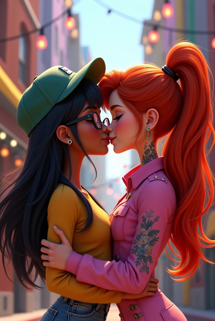 pixar design, Two female teenagers , una de pelo long ?????, with glasses and cap, brown skin, another with red hair , long, with tattoos, White skin, pink military style clothing, passionately kissing