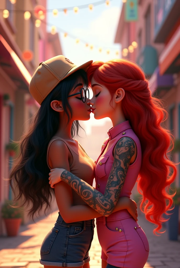 pixar design, Two female s , una de pelo long negro, wlasses and cap, brown skin, another with hair , long, with tattoos, White skin, pink military style clothing, passionately kissing