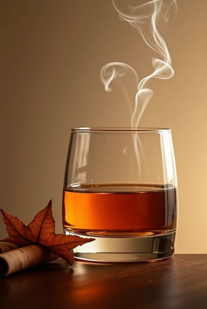 glass of wiskeywith many details  with brown tabaco horizontal with smoke in a black background in the air