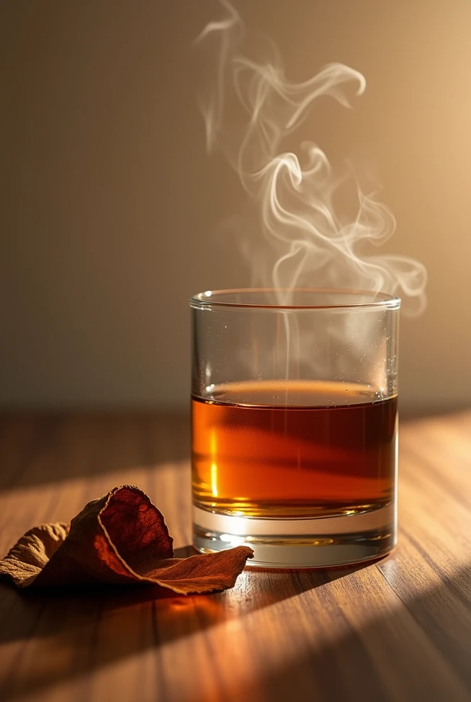 glass of wiskey with brown tabaco horizontal with smoke in a beige background in the air