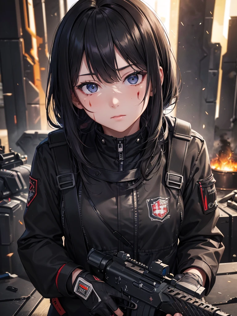 (16K,Ultra-high resolution,Highest quality,masterpiece,Super detailed,Perfect lighting),RAW Photos,Highly detailed facial features, Perfect Face, Perfect Eyes,holding a black assault rifle.,An undercover Japanese female agent with burn scars on her face,Furnaces,A dark space filled with sparks,Confront your audience