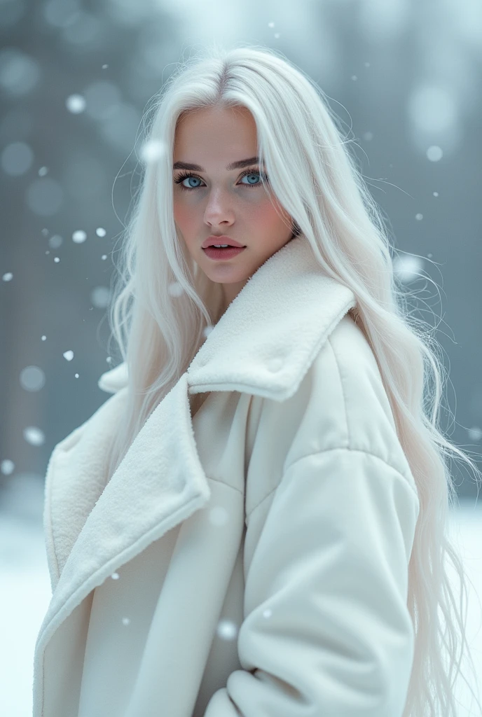 Very detailed, High resolution, Best Quality, intricate details, Very detailed, sharp focus, detailed skin, texture de piel realist, texture, detailed eyes, professional, 4k, filmed with canon, Shallow depth of field, Kodak Vision Color, extremely detailed, fotorrealist, realist, Maximum details, real life, ultra realist, photorealism, Photography, 8K UHD, Photography, White hair, Women, large white coat, In the snow, I want the naked woman from head to toe