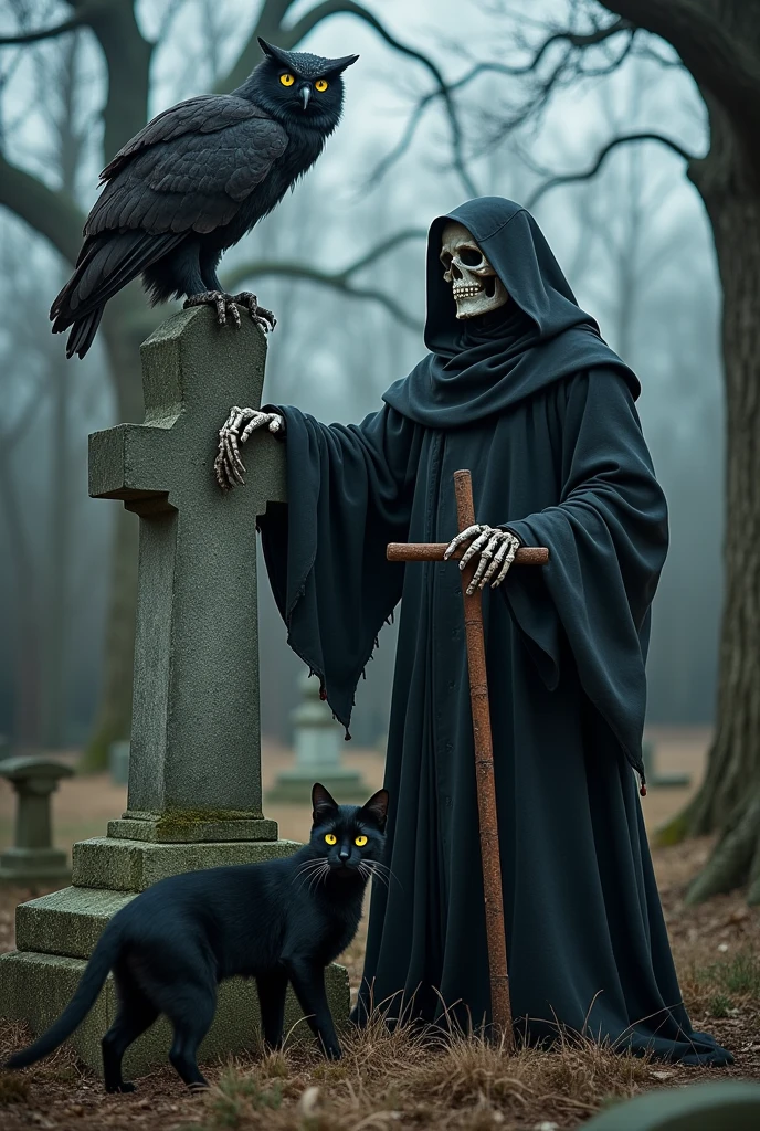 An old cemetery with dry trees with a large, macabre owl next to it, a macabre monk with a crucifix and a large, macabre, half-skeleton black cat