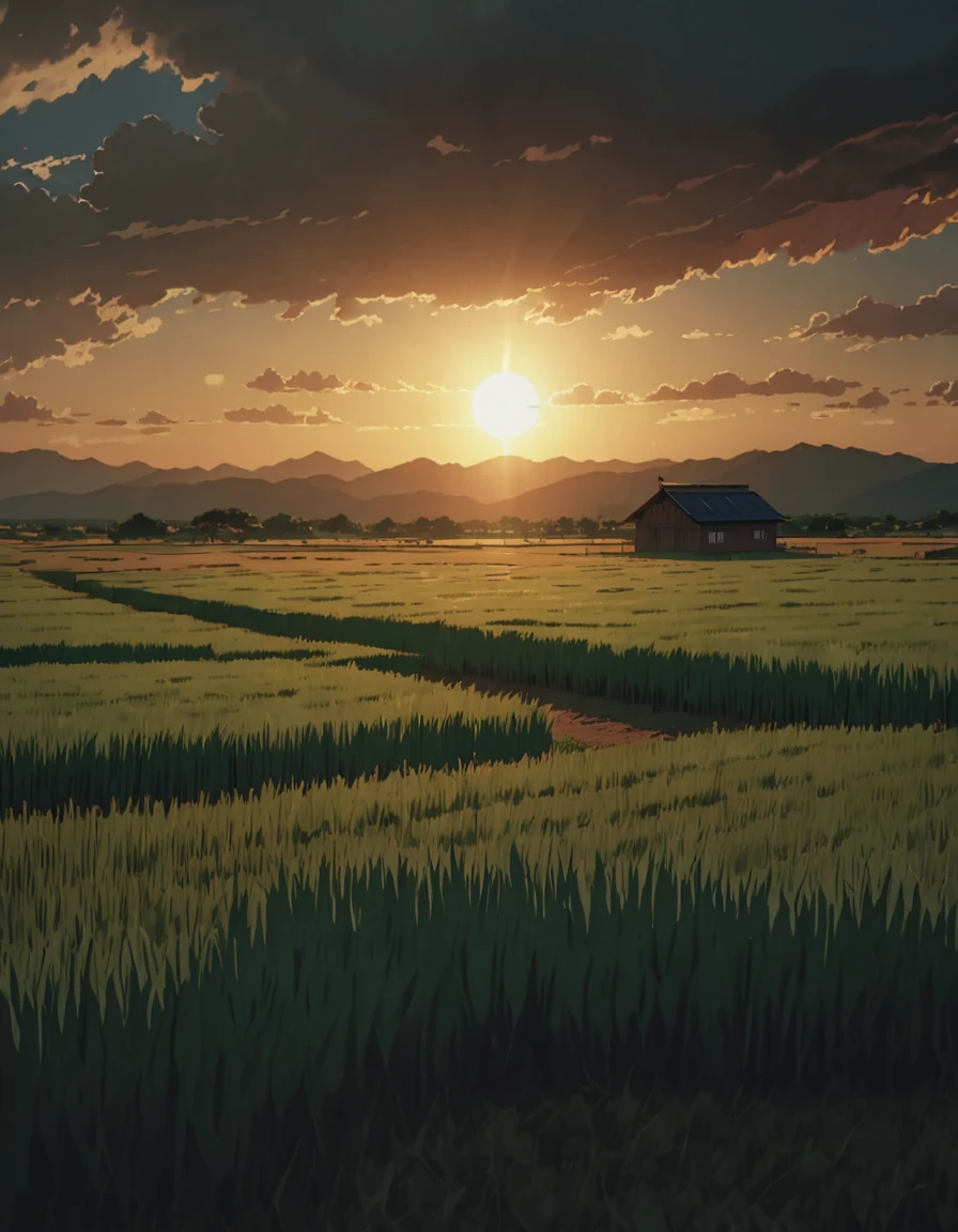 Masterpiece 8k Studio ghibli cabaña acogedora   A serene landscape of a grass field under a hellish sky with clouds. shadow, sunset natural light lighting!!!!!      solar 8khdr!!!!