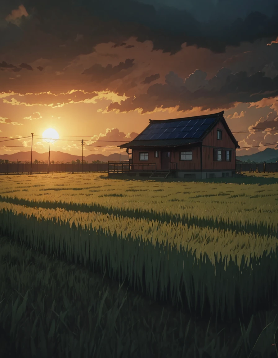 Masterpiece 8k Studio ghibli cabaña acogedora A serene landscape of a grass field under a hellish sky with clouds. shadow, sunset natural light lighting!!!!! solar 8khdr!!!!