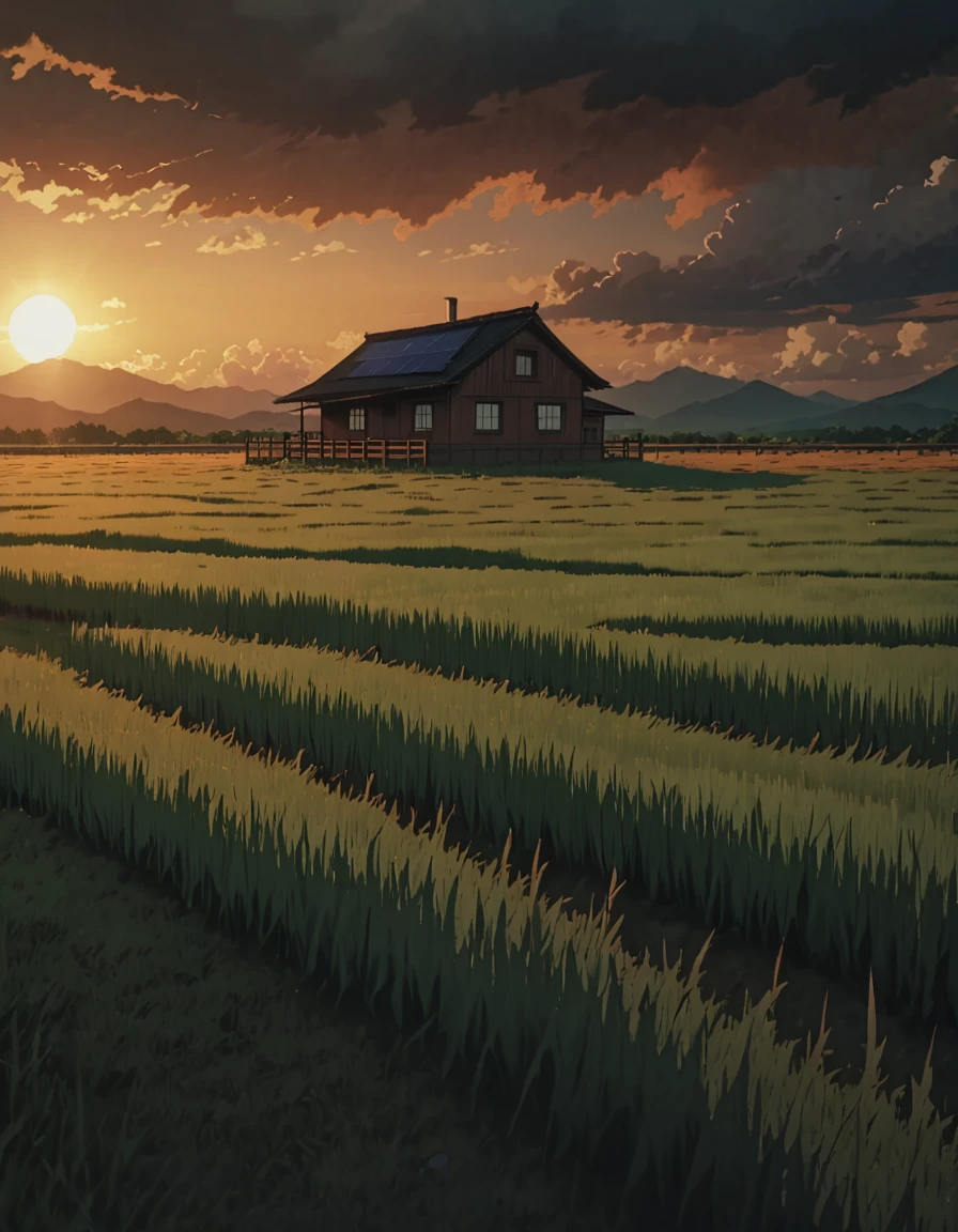 Masterpiece 8k Studio ghibli cabaña acogedora   A serene landscape of a grass field under a hellish sky with clouds. shadow, sunset natural light lighting!!!!!      solar 8khdr!!!!