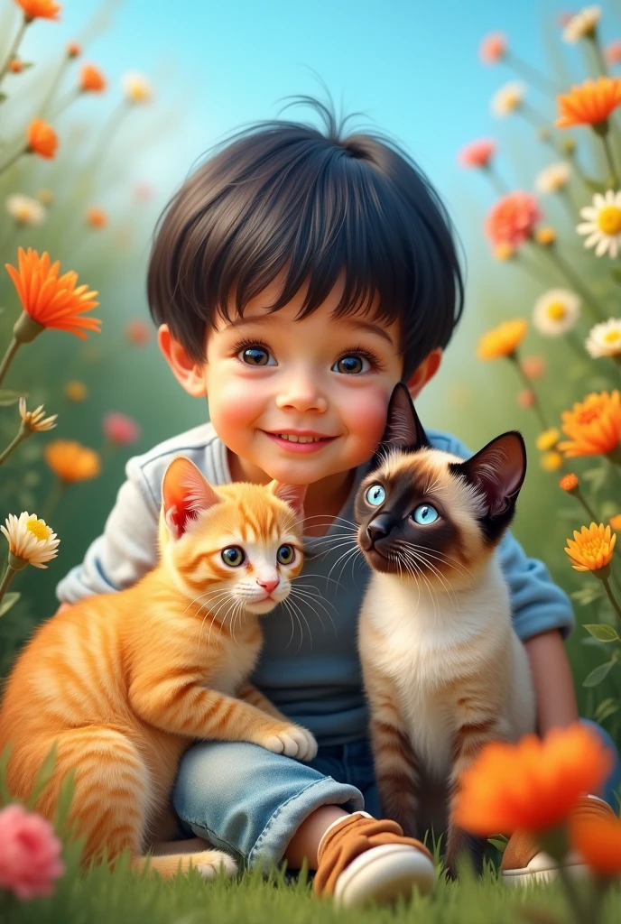 Create a picture of a child with dimples., bowl-cut black hair and fair skin resembling a little Indian , along with two cats , one all yellow and the other Siamese
